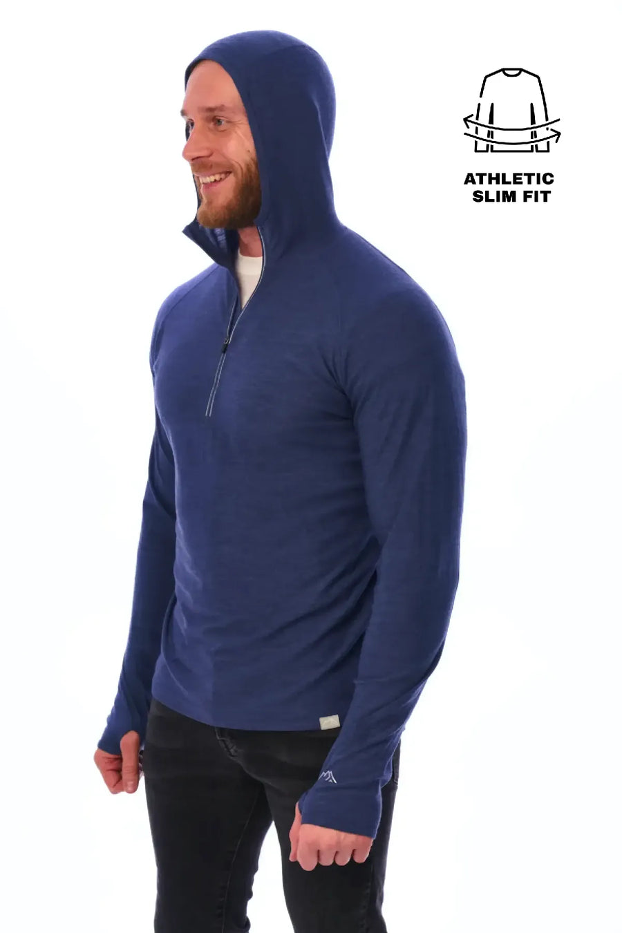 Men's Merino Wool Half Zip Hoodie 190 Windsor Blue — view 2
