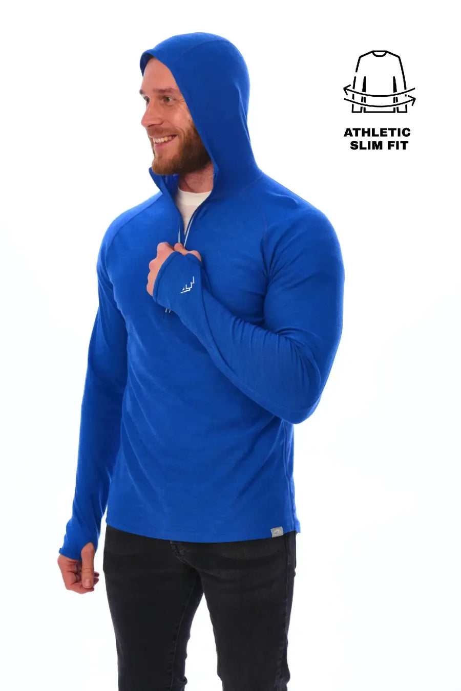 Men's Merino Wool Half Zip Hoodie 190 Cobalt Blue — view 2