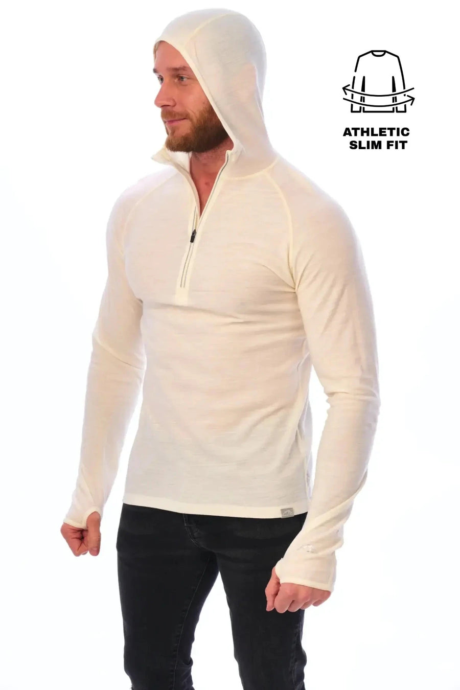 Men's Merino Wool Half Zip Hoodie 190 Off White — view 2