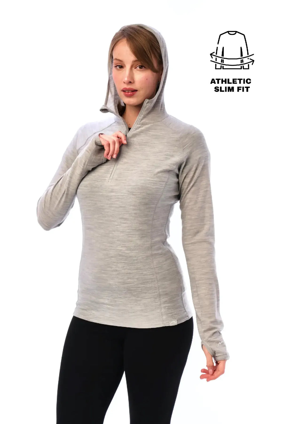 Women's Merino Wool Half Zip Hoodie 190 Heather Grey — view 3