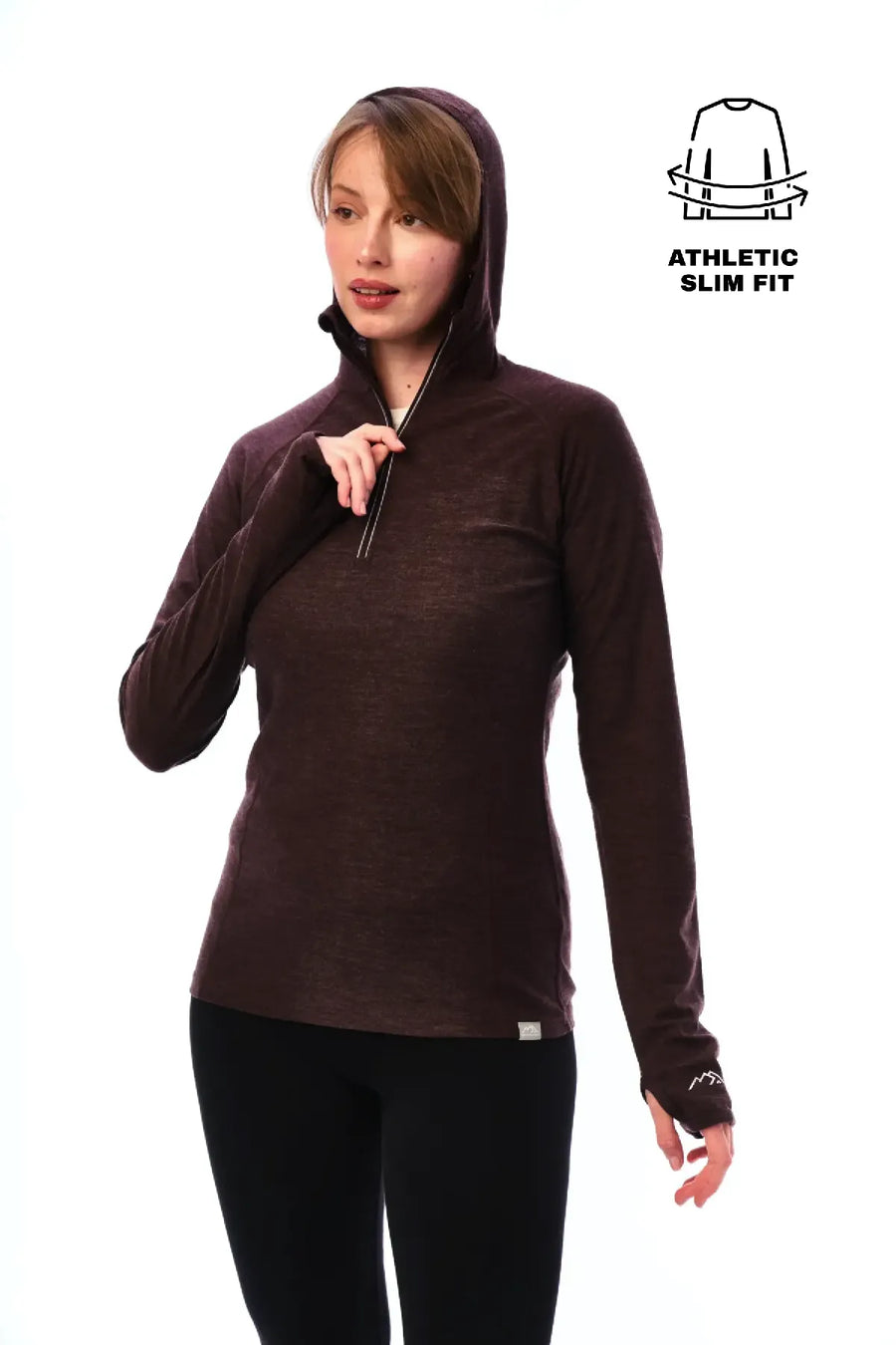 Women's Merino Wool Half Zip Hoodie 190 Chocolate — view 3