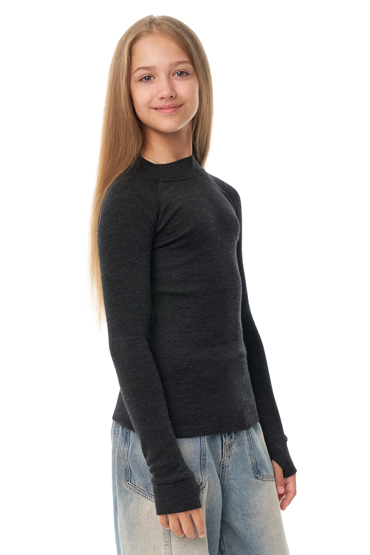Kids' Merino Turtleneck Long Sleeve 250 Charcoal Grey