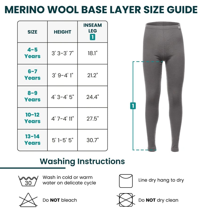 Kids' merino pants size chart