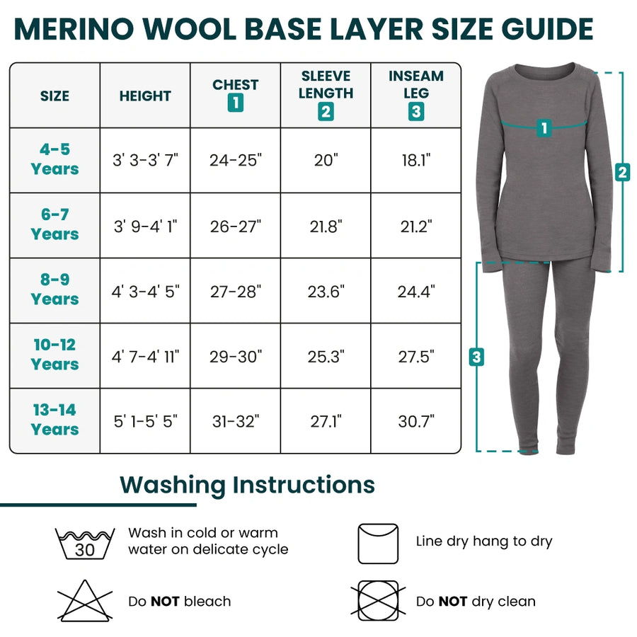 Kids' merino set size chart