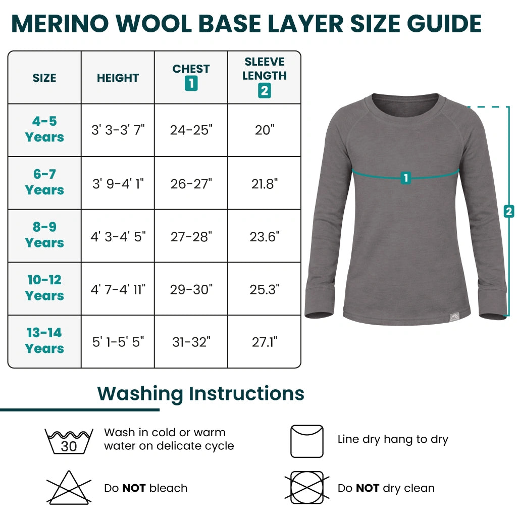 Kids' merino long sleeve size chart
