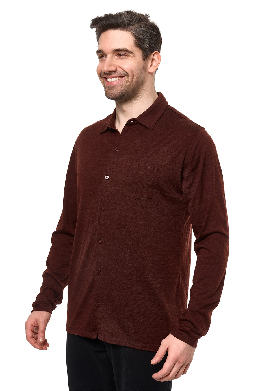 Men's Merino Button-Up Long Sleeve Bordo — view 2