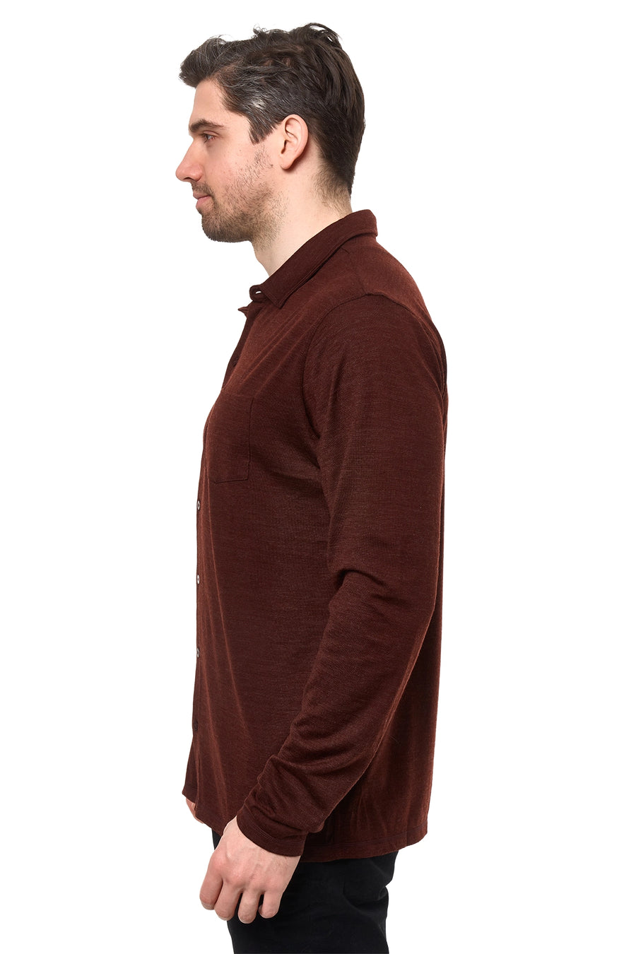 Men's Merino Button-Up Long Sleeve Bordo — view 3