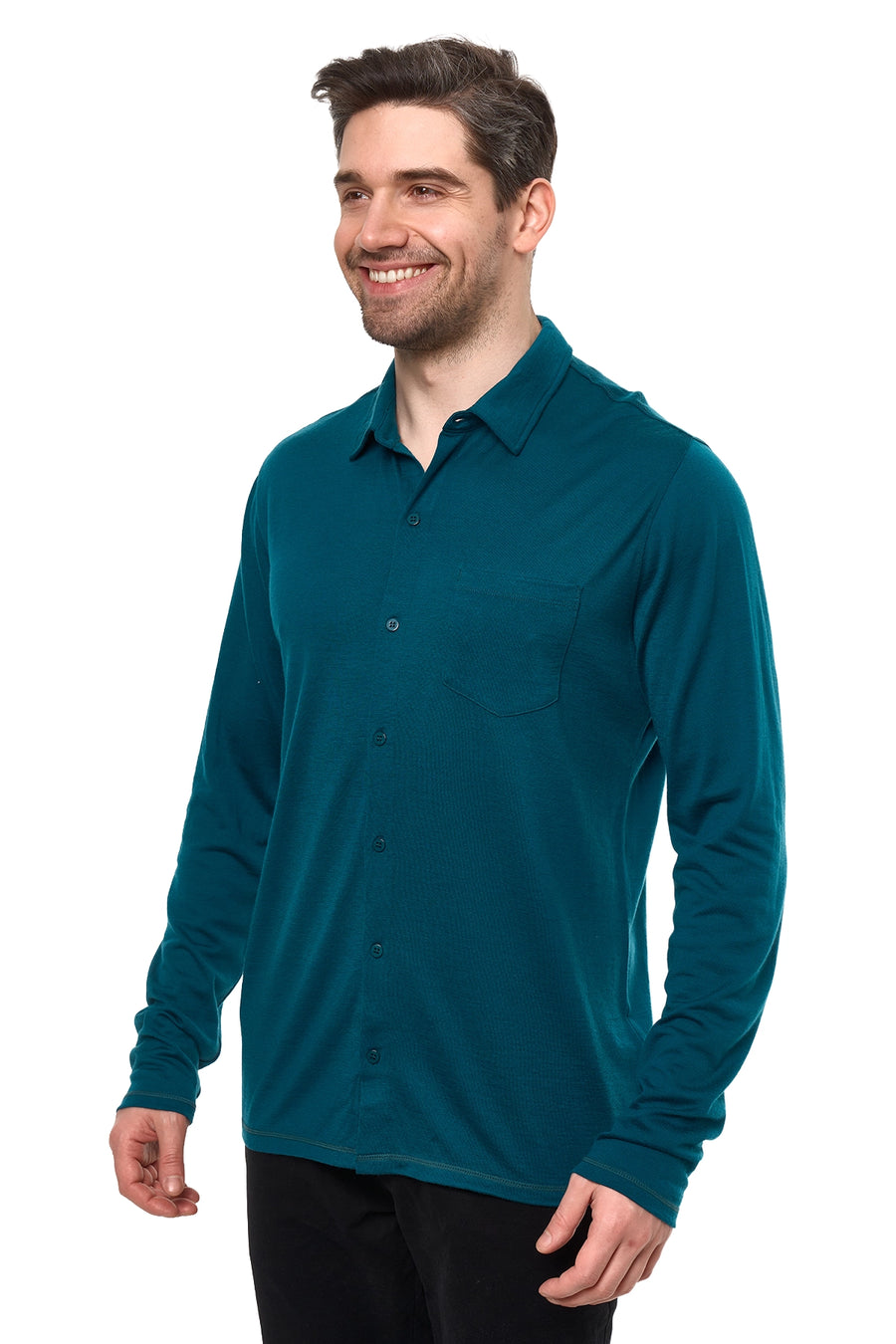 Men's Merino Button-Up Long Sleeve Deep Teal — view 2