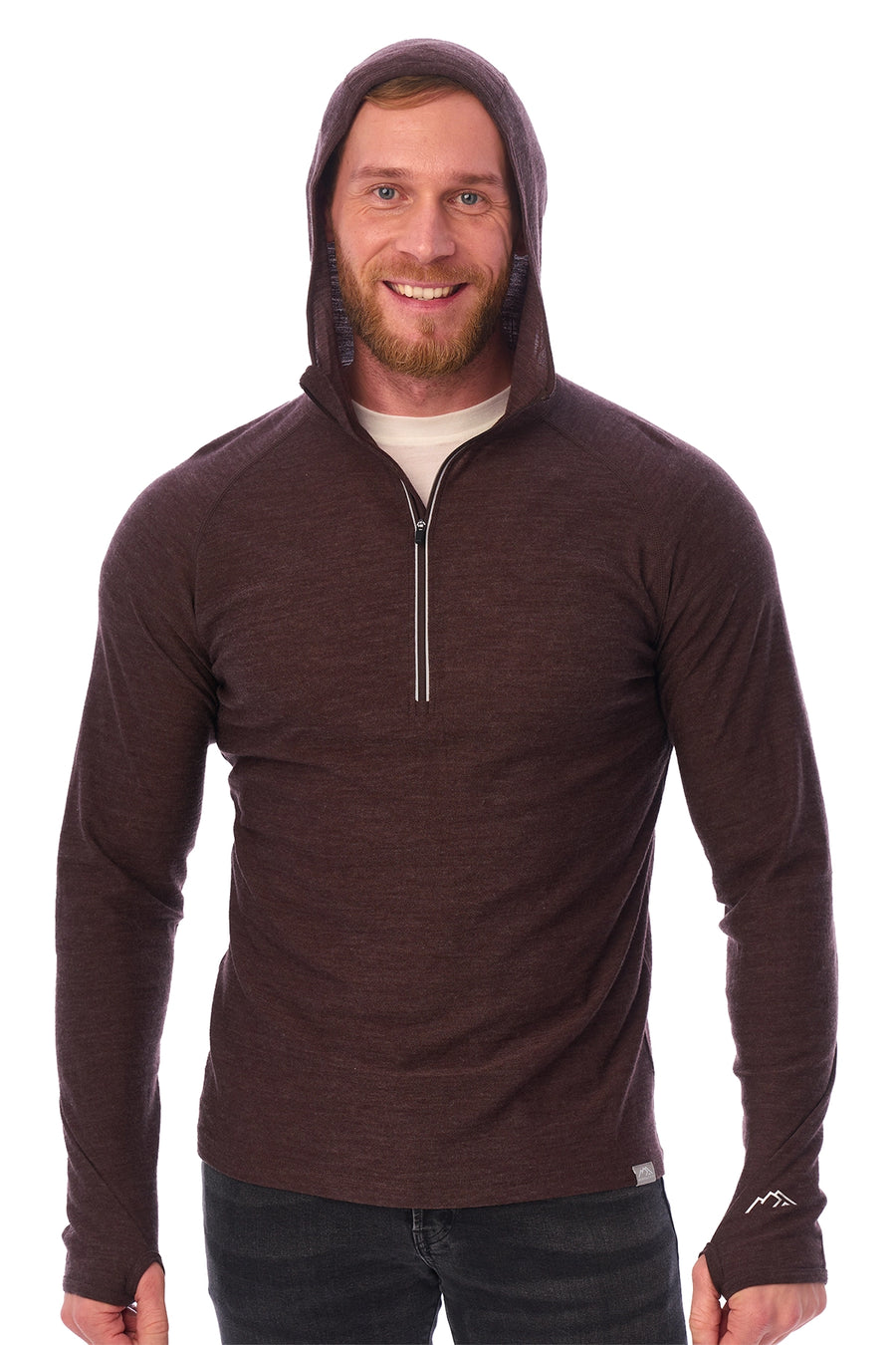 Men's Merino Wool Half Zip Hoodie 190 Chocolate