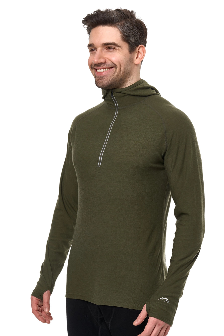 Men's Merino Wool Half Zip Hoodie 190 Dark Olive — view 3