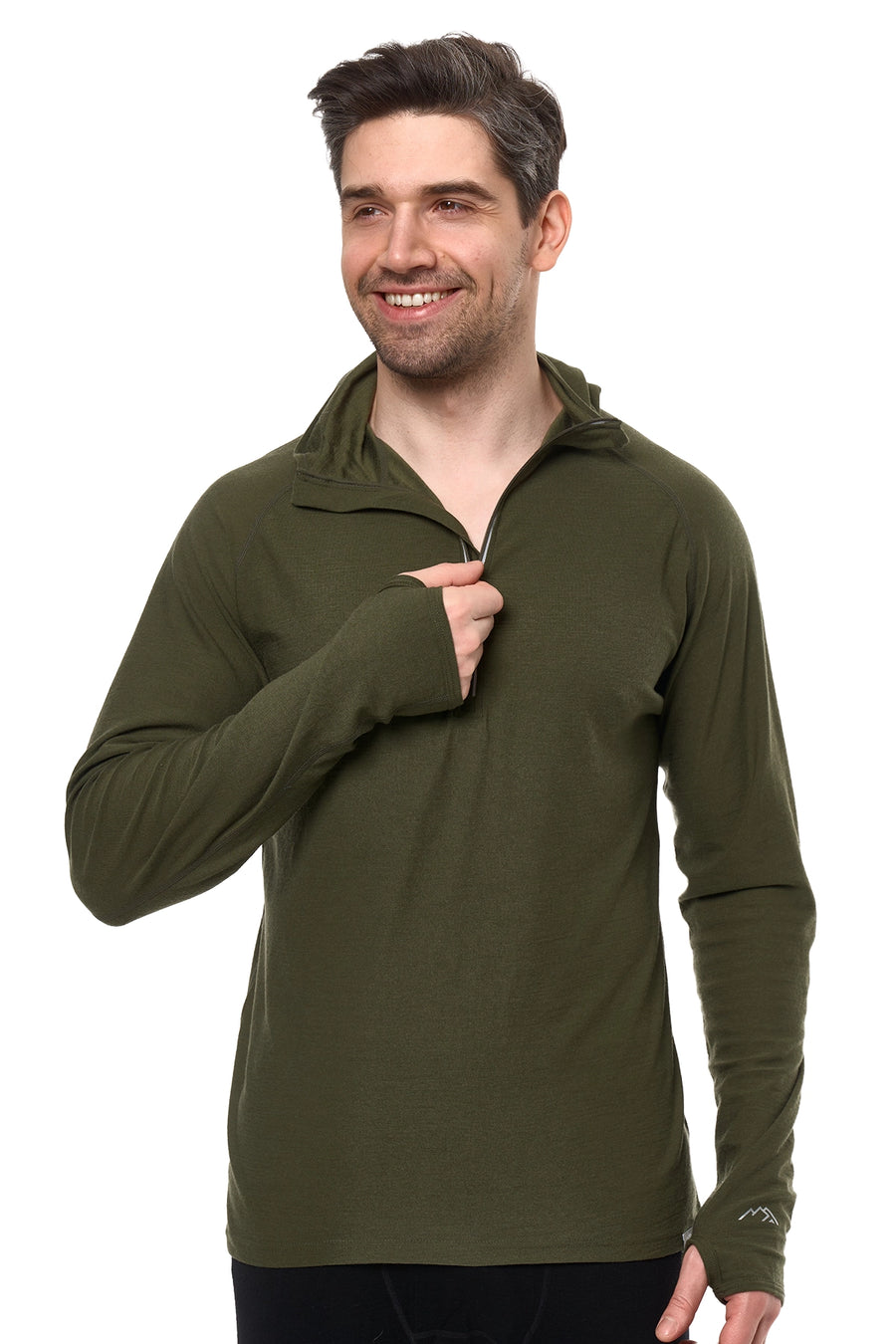 Men's Merino Wool Half Zip Hoodie 190 Dark Olive — view 4