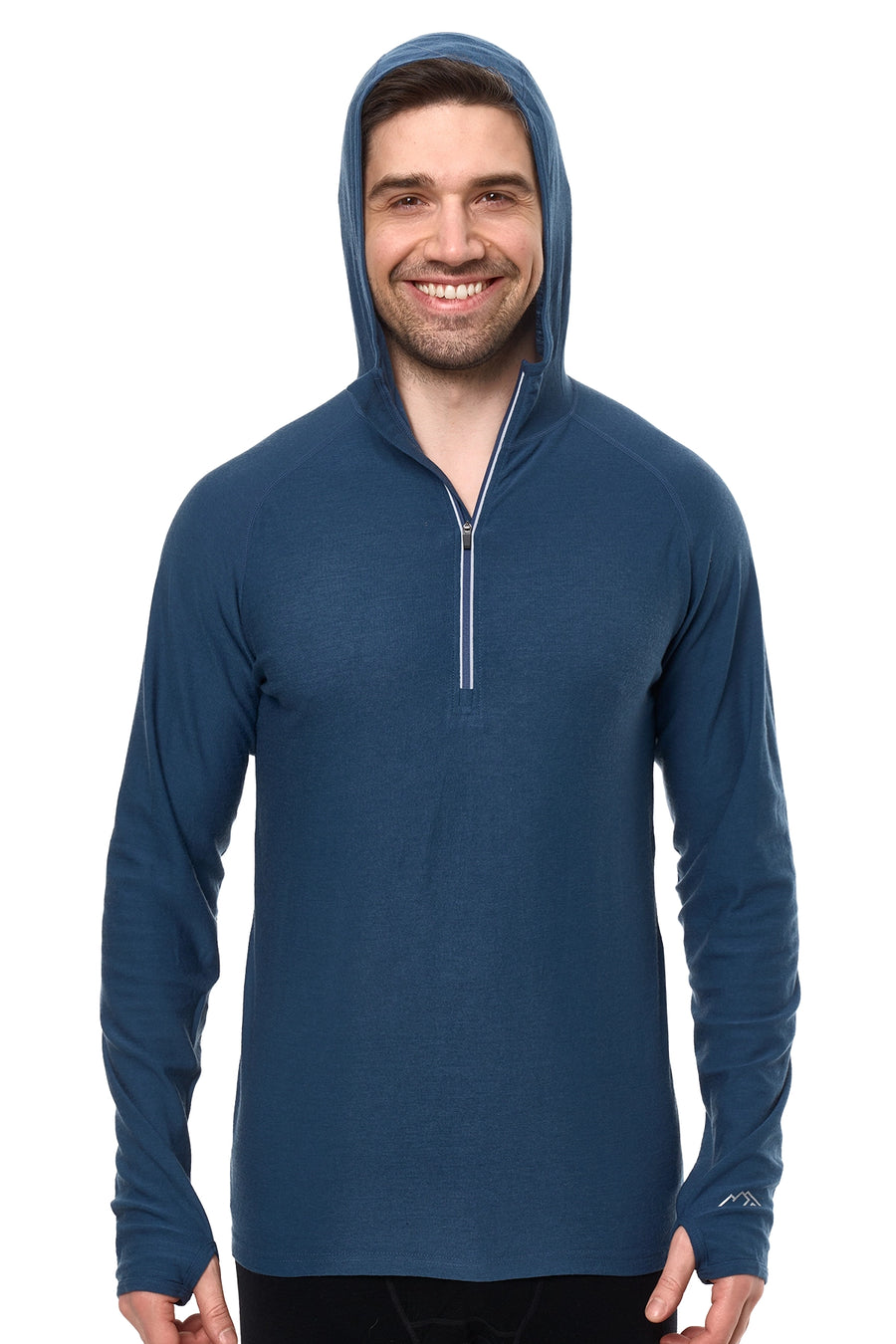 Men's Merino Wool Half Zip Hoodie 190 Denim Blue