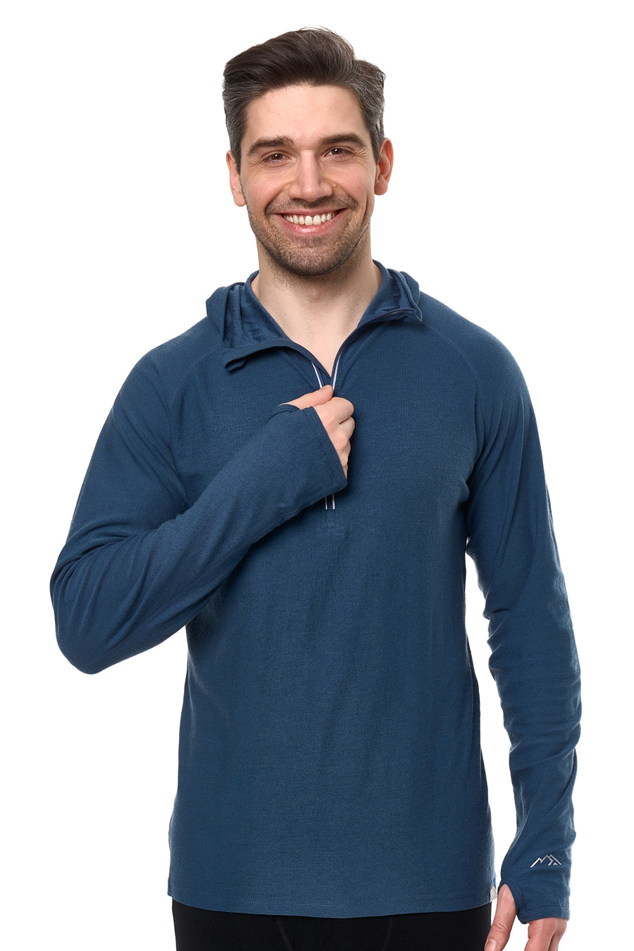 Men's Merino Wool Half Zip Hoodie 190 Denim Blue — view 3