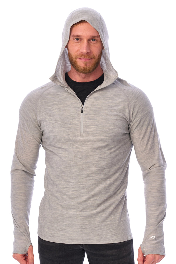 Men's Merino Wool Half Zip Hoodie 190 Heather Grey