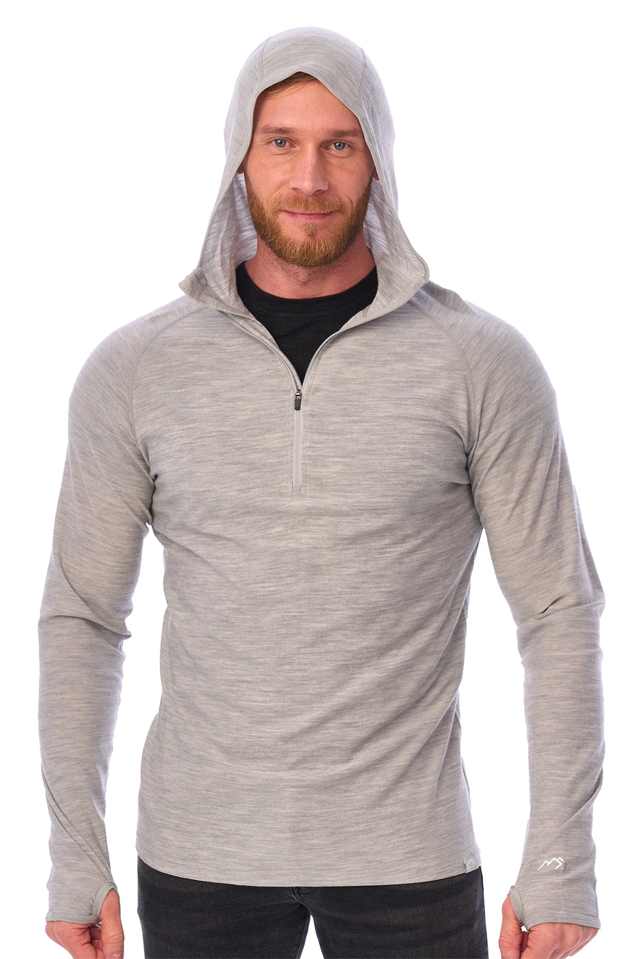 Men's Merino Wool Half Zip Hoodie 190 Heather Grey
