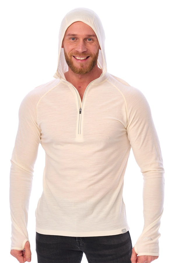Men's Merino Wool Half Zip Hoodie 190 Off White