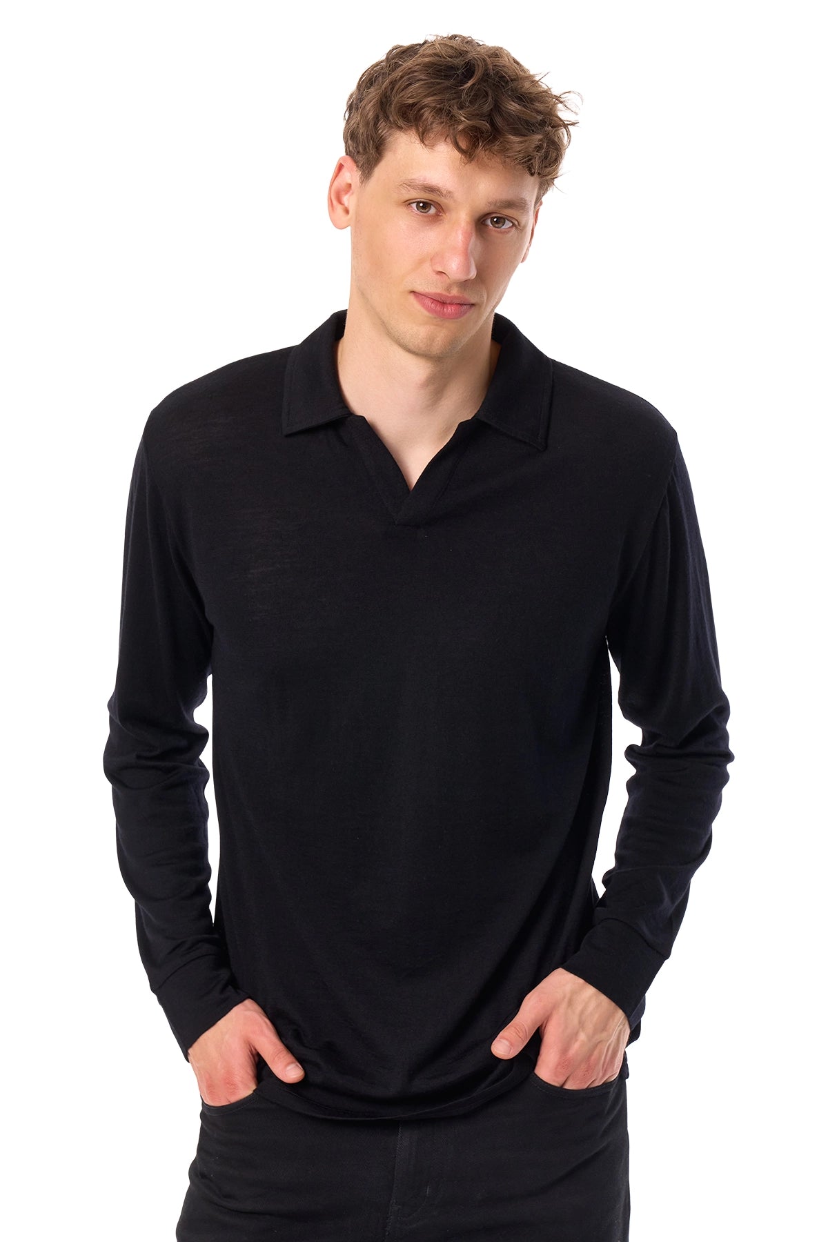 Men's Merino Wool Long Sleeve Polo Black Open Collar