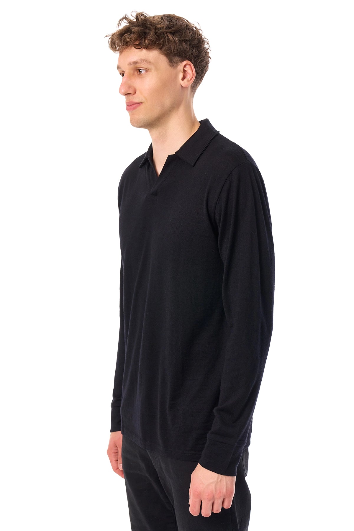 Men's Merino Wool Long Sleeve Polo Black Open Collar — view 5