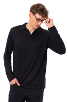 Men's Merino Wool Long Sleeve Polo Black Open Collar — view 4