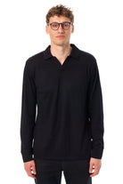 Men's Merino Wool Long Sleeve Polo Black Open Collar — view 3