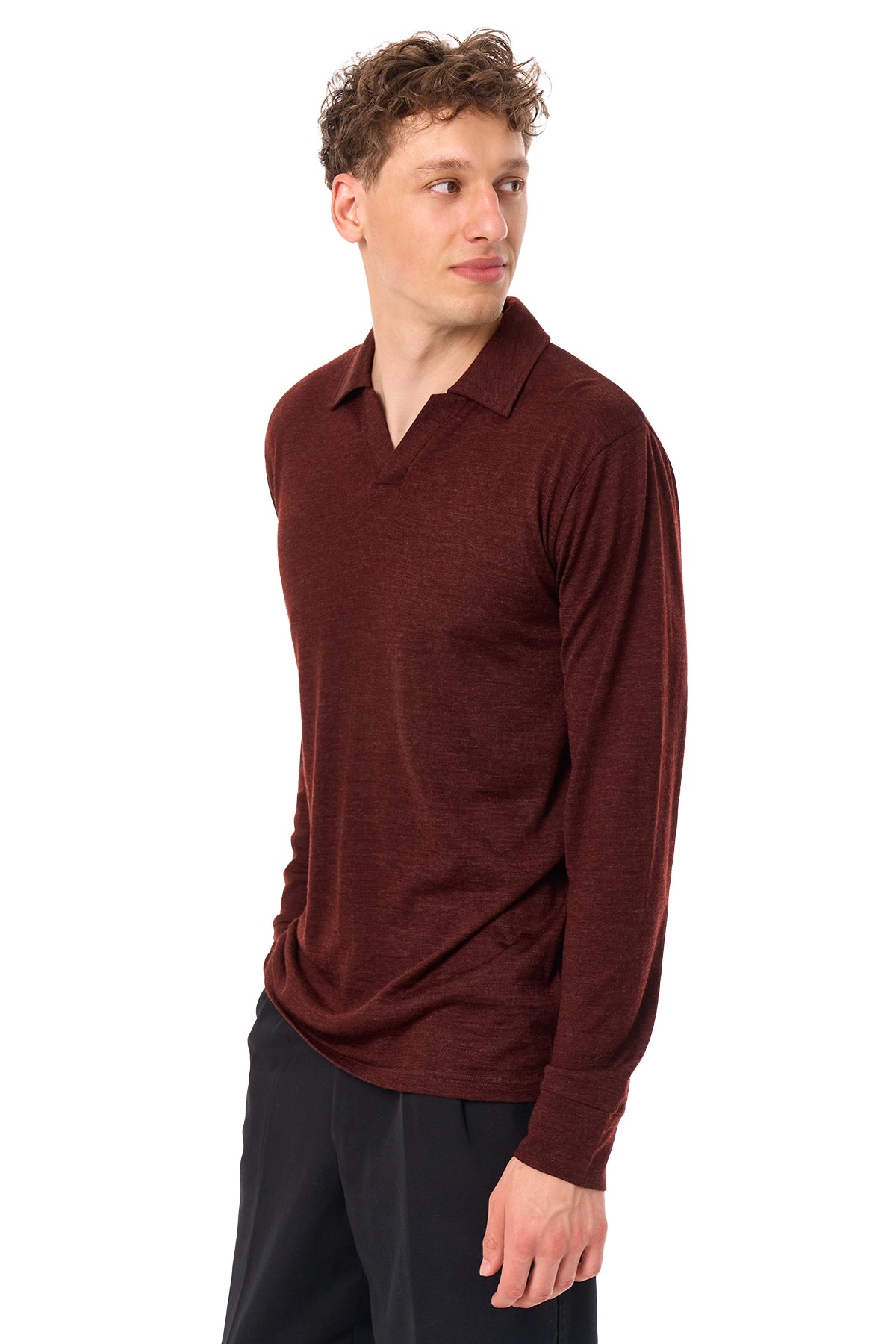 Men's Merino Wool Long Sleeve Polo Bordo Open Collar — view 4