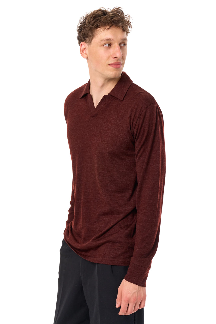 Men's Merino Wool Long Sleeve Polo Bordo Open Collar — view 4