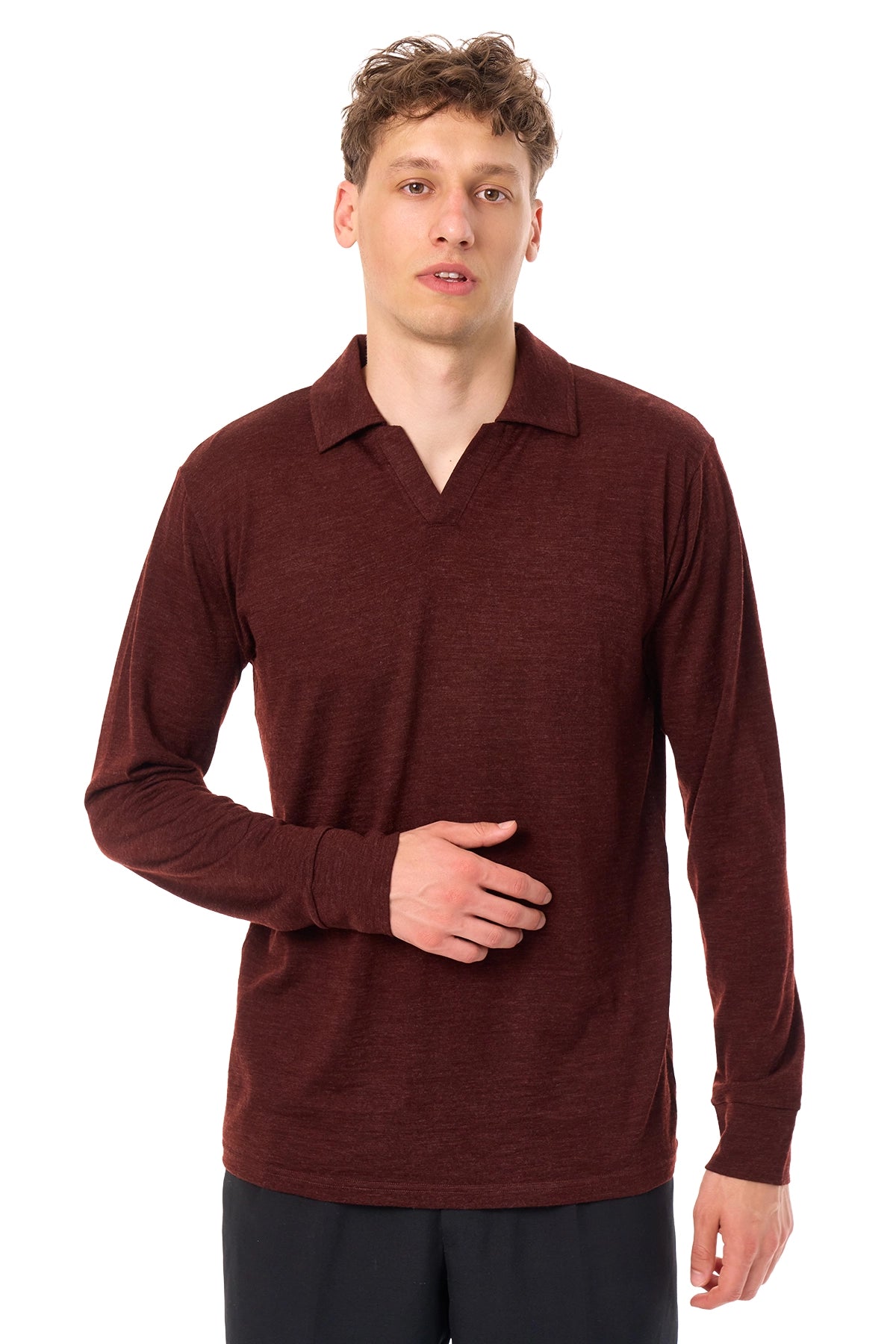 Men's Merino Wool Long Sleeve Polo Bordo Open Collar — view 3