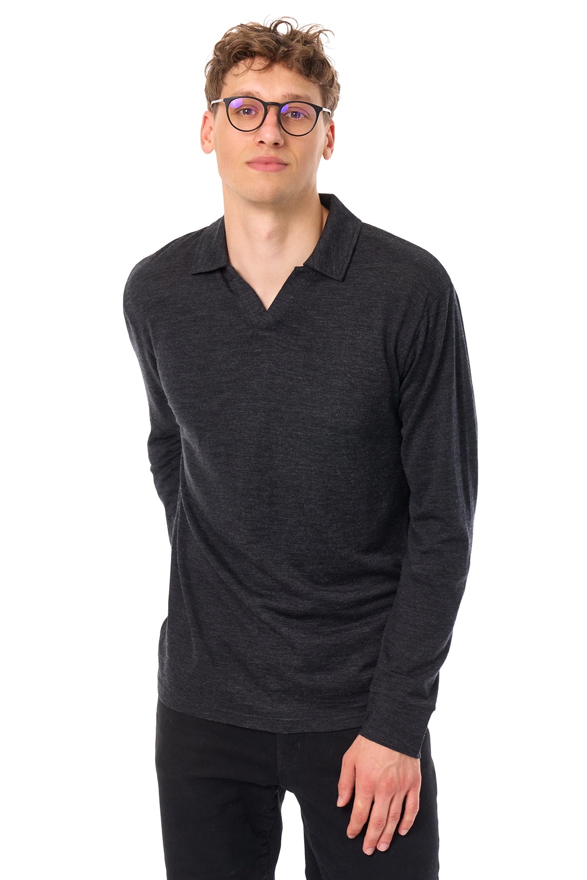 Men's Merino Wool Long Sleeve Polo Charcoal Grey Open Collar