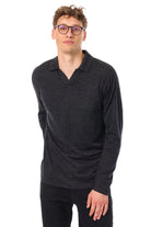 Men's Merino Wool Long Sleeve Polo Charcoal Grey Open Collar