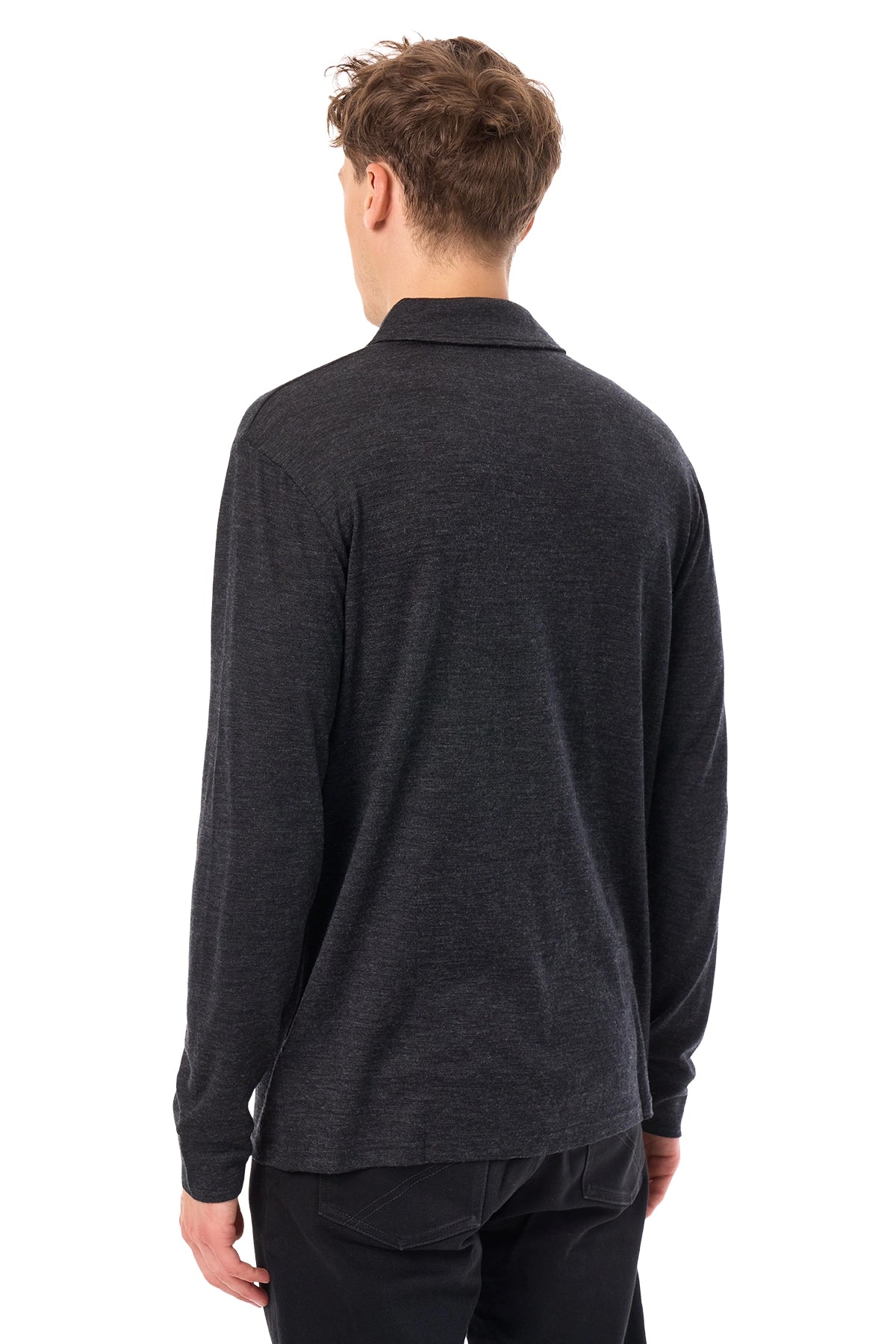 Men's Merino Wool Long Sleeve Polo Charcoal Grey Open Collar — view 2