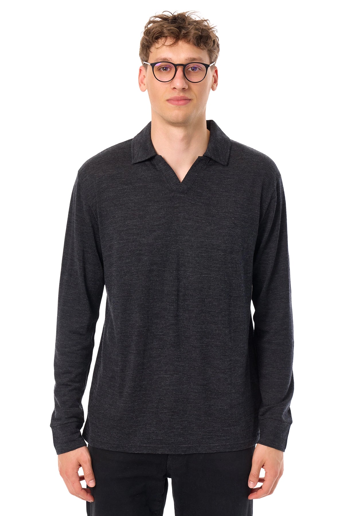 Men's Merino Wool Long Sleeve Polo Charcoal Grey Open Collar — view 3