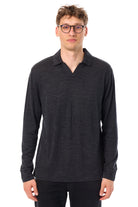 Men's Merino Wool Long Sleeve Polo Charcoal Grey Open Collar — view 3