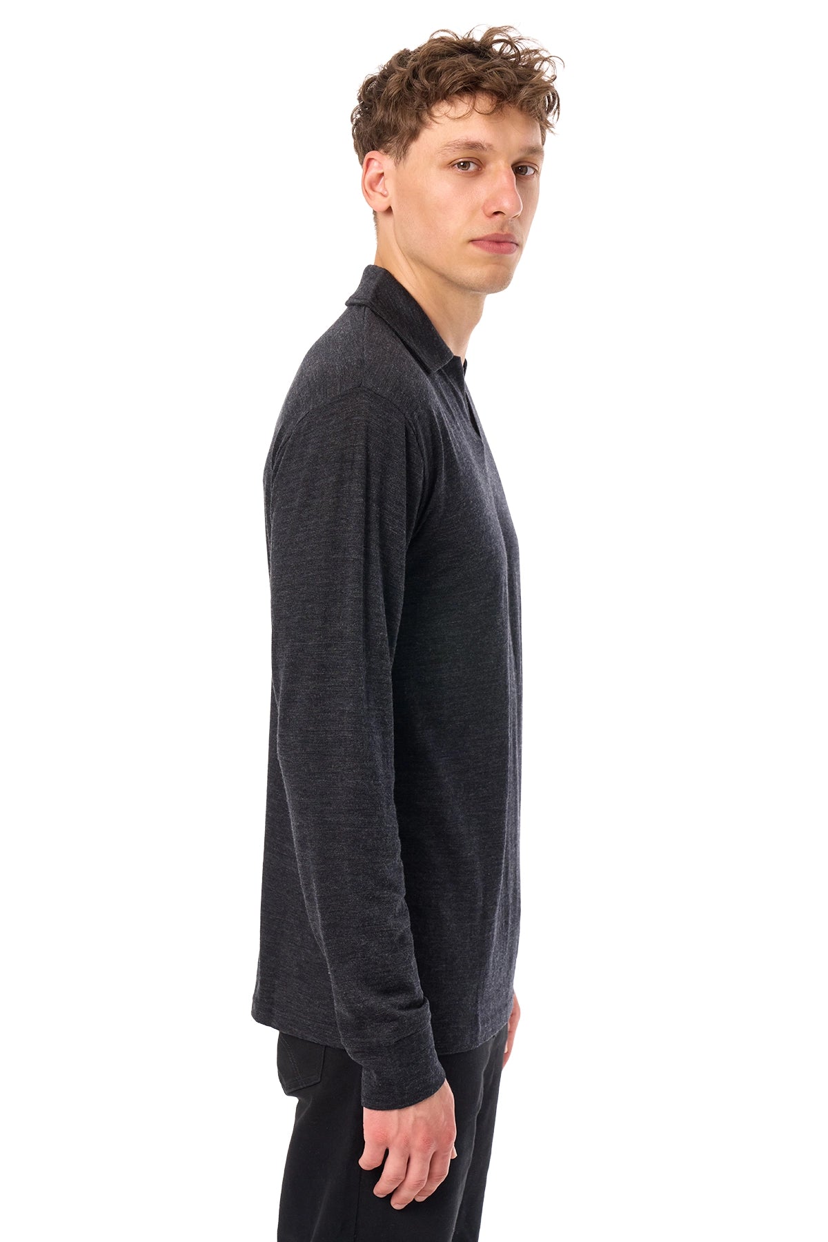 Men's Merino Wool Long Sleeve Polo Charcoal Grey Open Collar — view 5