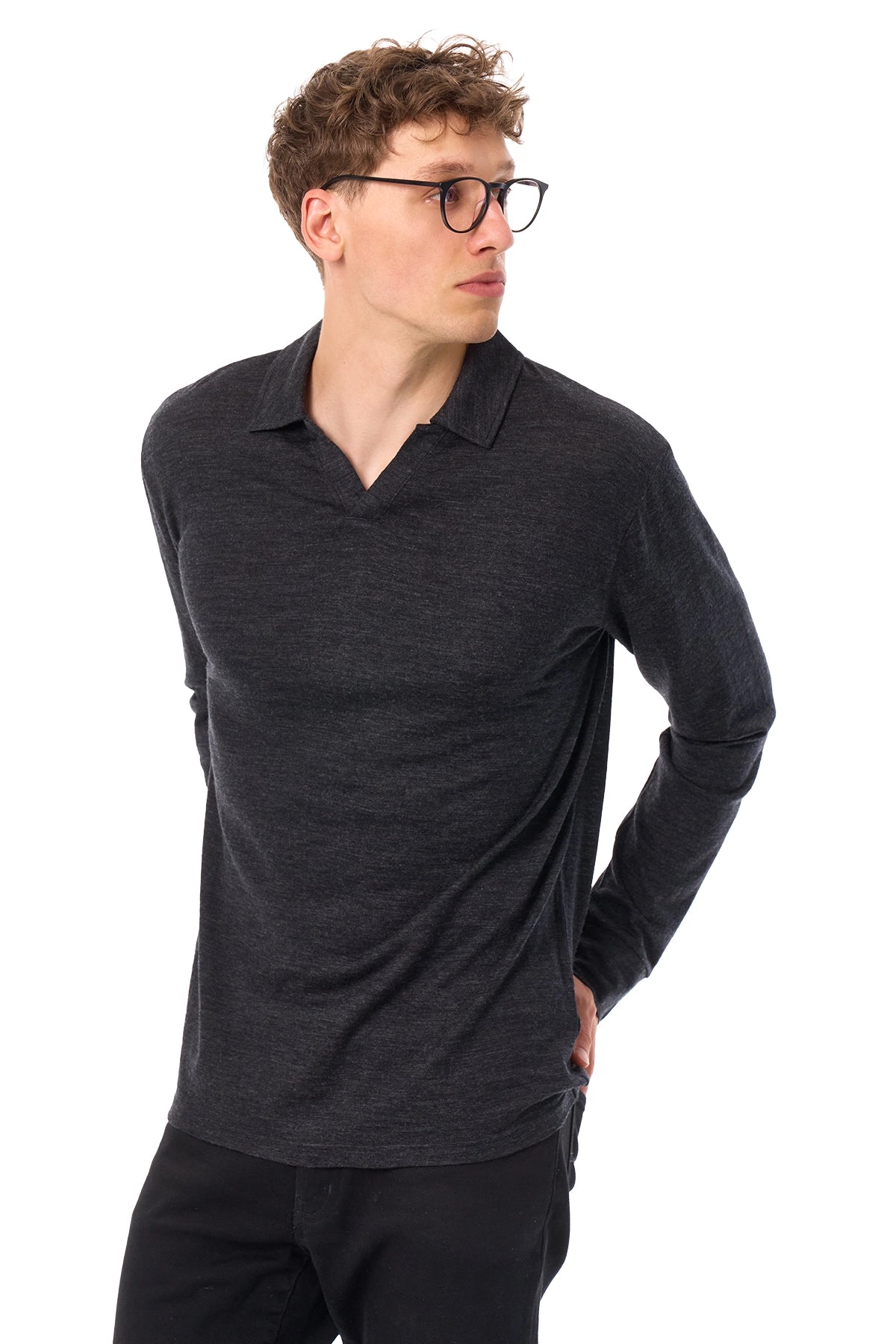 Men's Merino Wool Long Sleeve Polo Charcoal Grey Open Collar — view 4