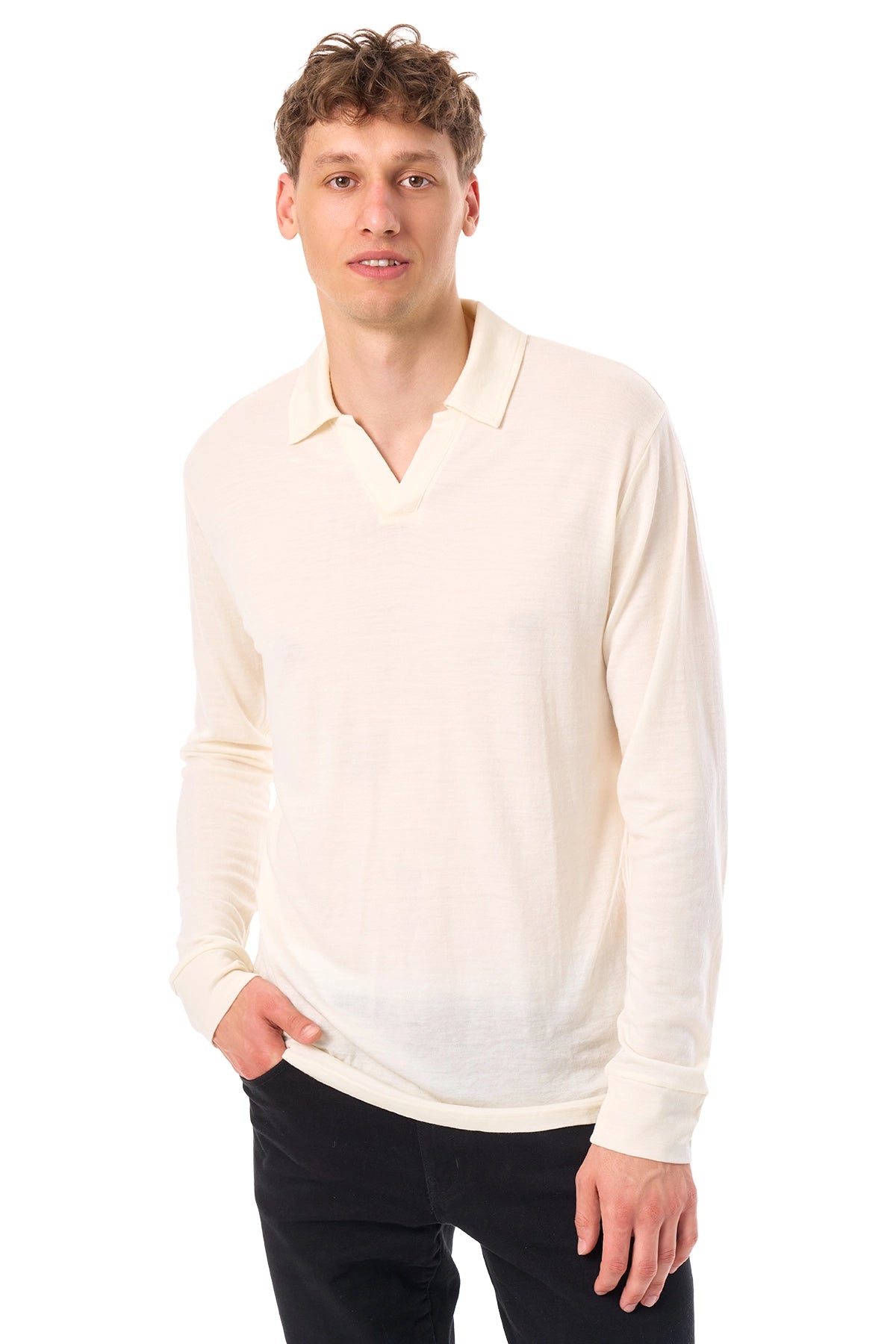 Men's Merino Wool Long Sleeve Polo Natural White Open Collar