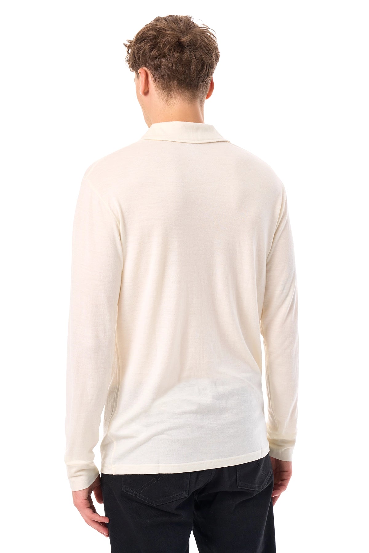 Men's Merino Wool Long Sleeve Polo Natural White Open Collar — view 2