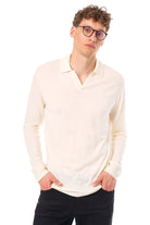 Men's Merino Wool Long Sleeve Polo Natural White Open Collar — view 3