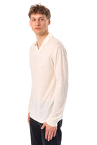 Men's Merino Wool Long Sleeve Polo Natural White Open Collar — view 5