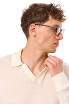 Men's Merino Wool Long Sleeve Polo Natural White Open Collar — view 6