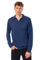Men's Merino Wool Long Sleeve Polo Navy Open Collar