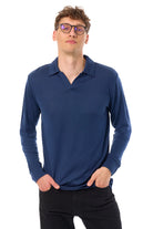 Men's Merino Wool Long Sleeve Polo Navy Open Collar — view 3