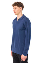 Men's Merino Wool Long Sleeve Polo Navy Open Collar — view 5