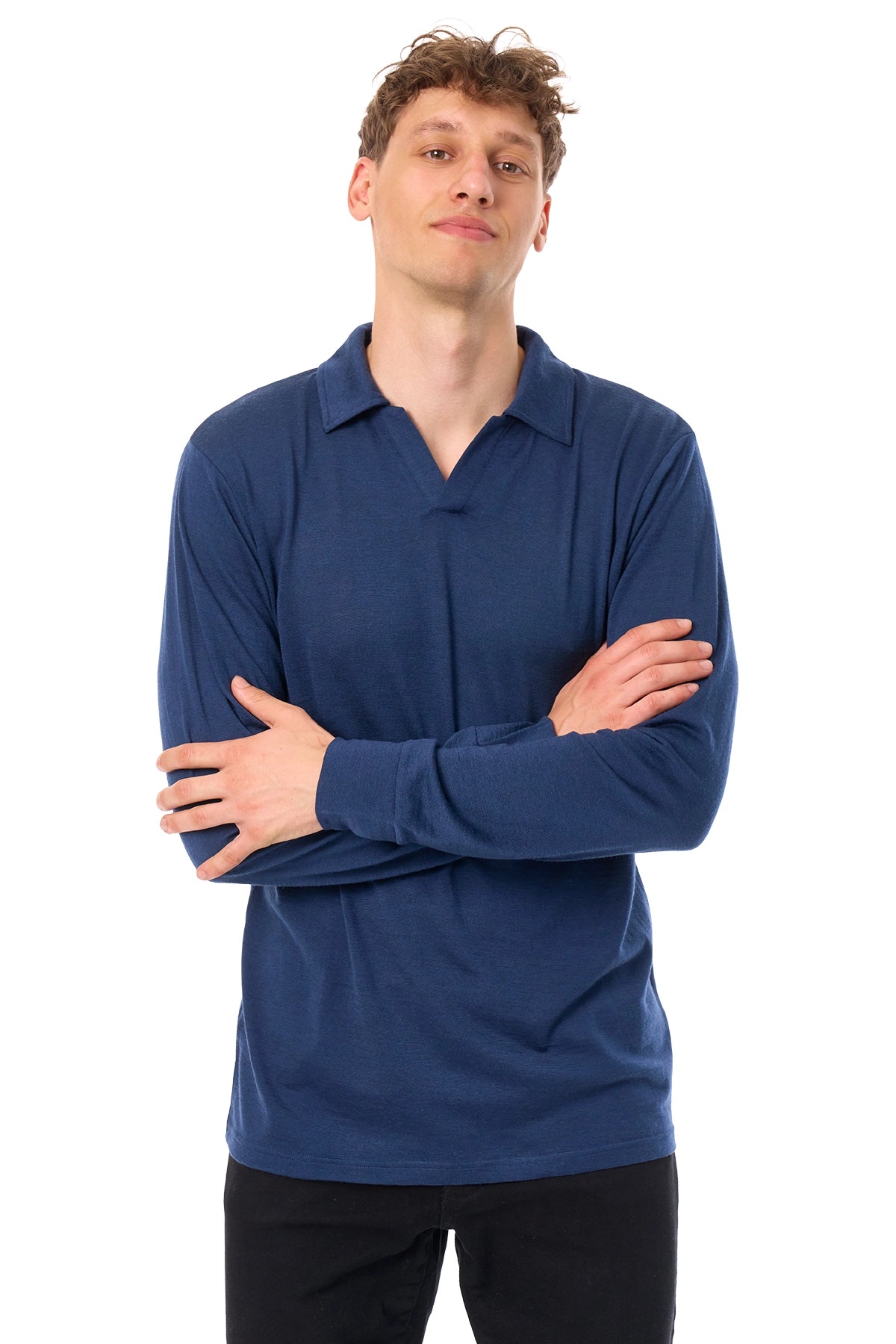 Men's Merino Wool Long Sleeve Polo Navy Open Collar — view 4