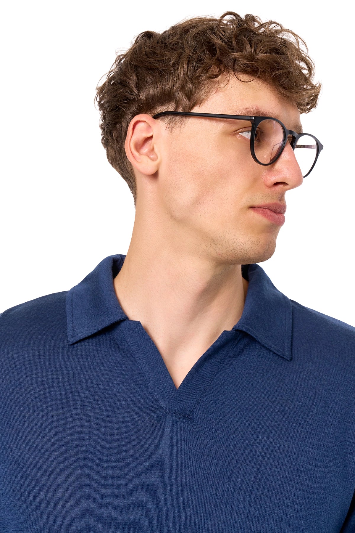 Men's Merino Wool Long Sleeve Polo Navy Open Collar — view 6