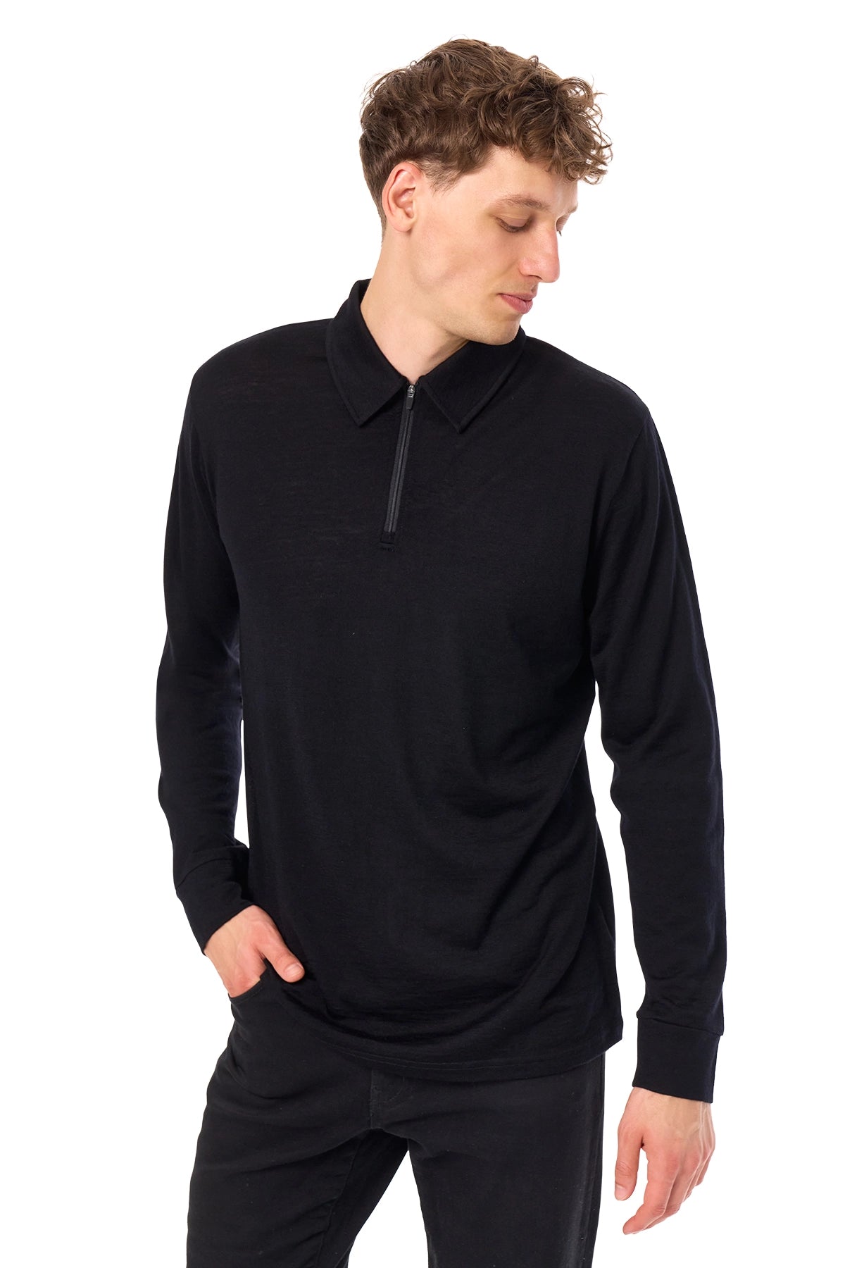 Men's Merino Half Zip Long Sleeve Polo Black