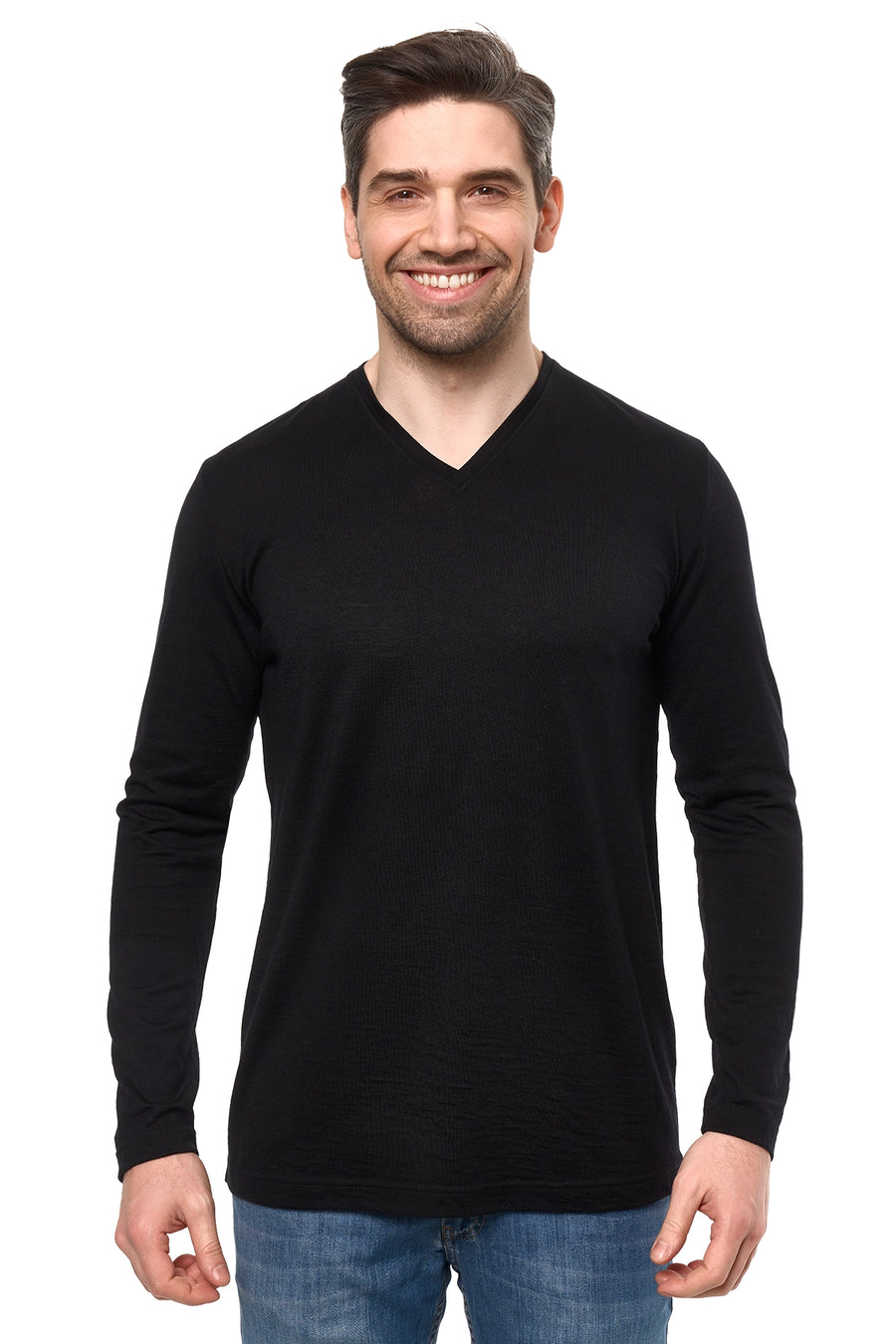Men's Merino Long Sleeve 190 Black  | V-Neck