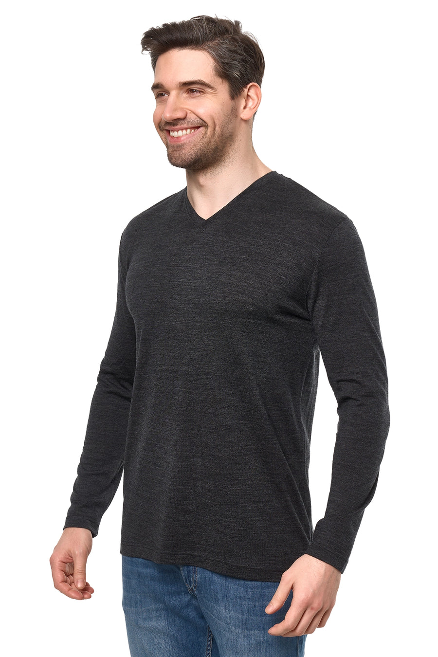 Men's Merino Long Sleeve 190 Heathered Black | V-Neck