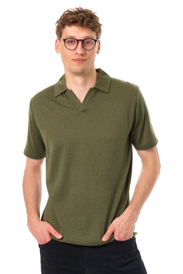 Men's Merino Polo 180 Dark Olive Open Collar