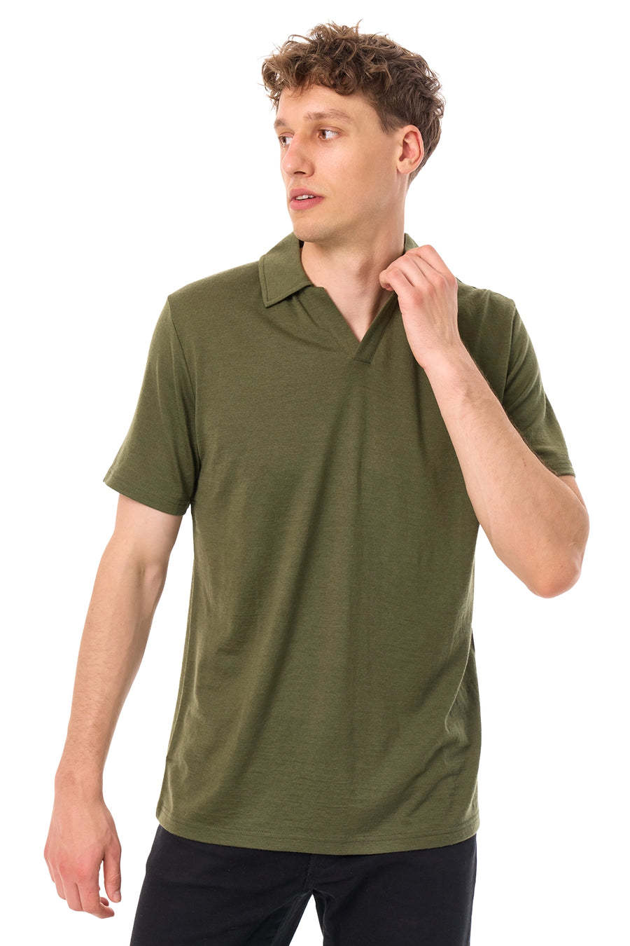 Men's Merino Polo 180 Dark Olive Open Collar — view 3