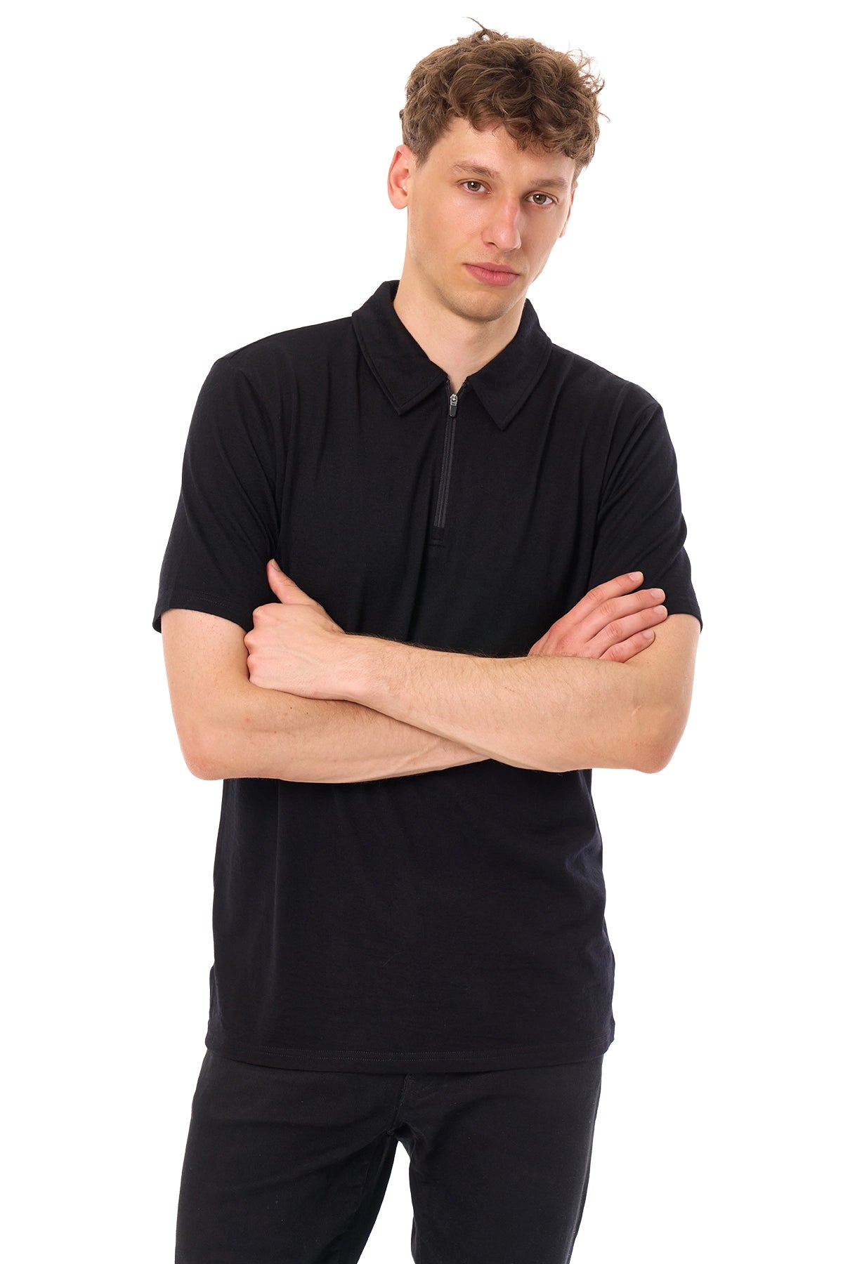 Men's Merino Half Zip Polo Black — view 4